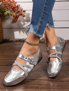 1 Pair Silver Buckle Flat Mary Jane Shoes, Fashionable Collegiate Style - Silver - View 5