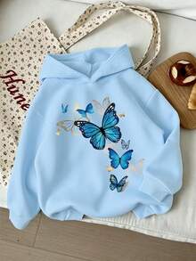 Fashion Street Youth Girl Butterfly Print Hooded Sweatshirt With Printed Loose Pants, 2-Piece Set For Autumn/Winter - Baby Blue - View 5