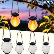 POSE UP 2/4PCS Solar Lantern Lights, IP44 Waterproof Rustic Glass Jar Hanging Lamps With Rope Handle, Flickering Flame LED Solar Garden Lights For Pathway, Camping, Backyard, Patio, Garden Decor, Holiday Seasonal & Outdoor Party Decoration - Glass Flame Jar - View 11