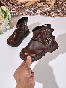 Girls' Fashion Ruched Ankle Boots With Metal Ring Buckle, Side Zipper, Thick Sole, Retro Style - Brown - View 1