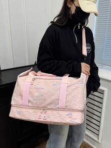 3D 菱格壓紋紋理旅行行李包，彩色線條印花，前置拉鍊口袋方便快速取用小物品，雙短手提帶與可調節長款斜跨肩帶，適合健身訓練、戶外旅行、短途旅行與行李收納 - 粉色 - 查看 8