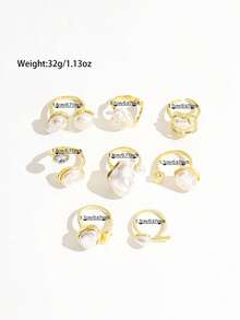 8PCS French Vintage Gold Baroque Asymmetrical Faux Pearl Finger Rings, Asymmetrical Pearl Texture Metal Rings, Daily Commute Versatile Stackable Ring Set For Women - Gold - View 6