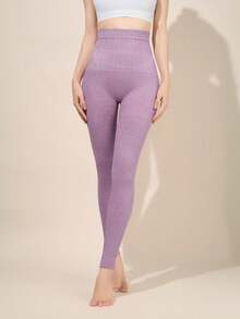 1pc Women's Purple High Waist Brushed Warm Leggings, Seamless Tummy Control Slim Fit Elastic Inner Layer, Brushed Thermal Slim Fit Base Layer - Multicolor - View 5