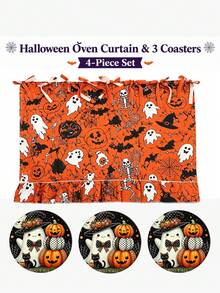 Halloween Theme Oven Curtain, Printed With Ghost, Pumpkin And Black Cat Patterns; Farmhouse Style Kitchen Decor And Cabinet Accessory, Featuring Ruffle Hem And Top Tie Design, Creating A Festive Country Kitchen Atmosphere - Multicolor - View 8