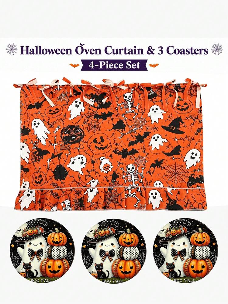 Halloween Theme Oven Curtain, Printed With Ghost, Pumpkin And Black Cat Patterns; Farmhouse Style Kitchen Decor And Cabinet Accessory, Featuring Ruffle Hem And Top Tie Design, Creating A Festive Country Kitchen Atmosphere - Multicolor - View 8