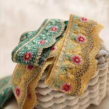 1/5碼 5.5公分寬刺繡亮片蕾絲飾邊－鮮黃、綠、白多色花卉圖案－適用於DIY帽子飾帶、領帶、窗簾裝飾及手工縫製項目 - 多色E - 查看 4
