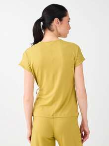 Women's Olive Green Round-Neck Blouse – Short-Sleeve Top With Tie Detail - Olive Green - View 5
