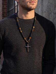 1pc Autumn/Winter Artificial Tiger Eye Stone Vintage Casual Men's Long Cross Necklace Sweater Chain - Multicolor - View 8