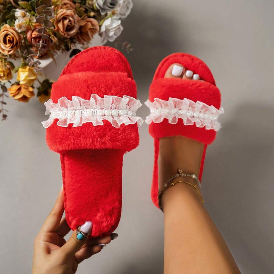 Women's Home Slippers Solid Color Fashion Fabric Lace Patchwork Pearl Strap Indoor Autumn/Winter One-Strap Cotton Slippers - Red - View 1