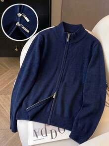 Girls' European & American Style Solid Color Zip-Up Knit Cardigan Sweater, Long Sleeve, Suitable For Casual Daily Wear In Spring, Autumn And Winter - Navy Blue - View 1