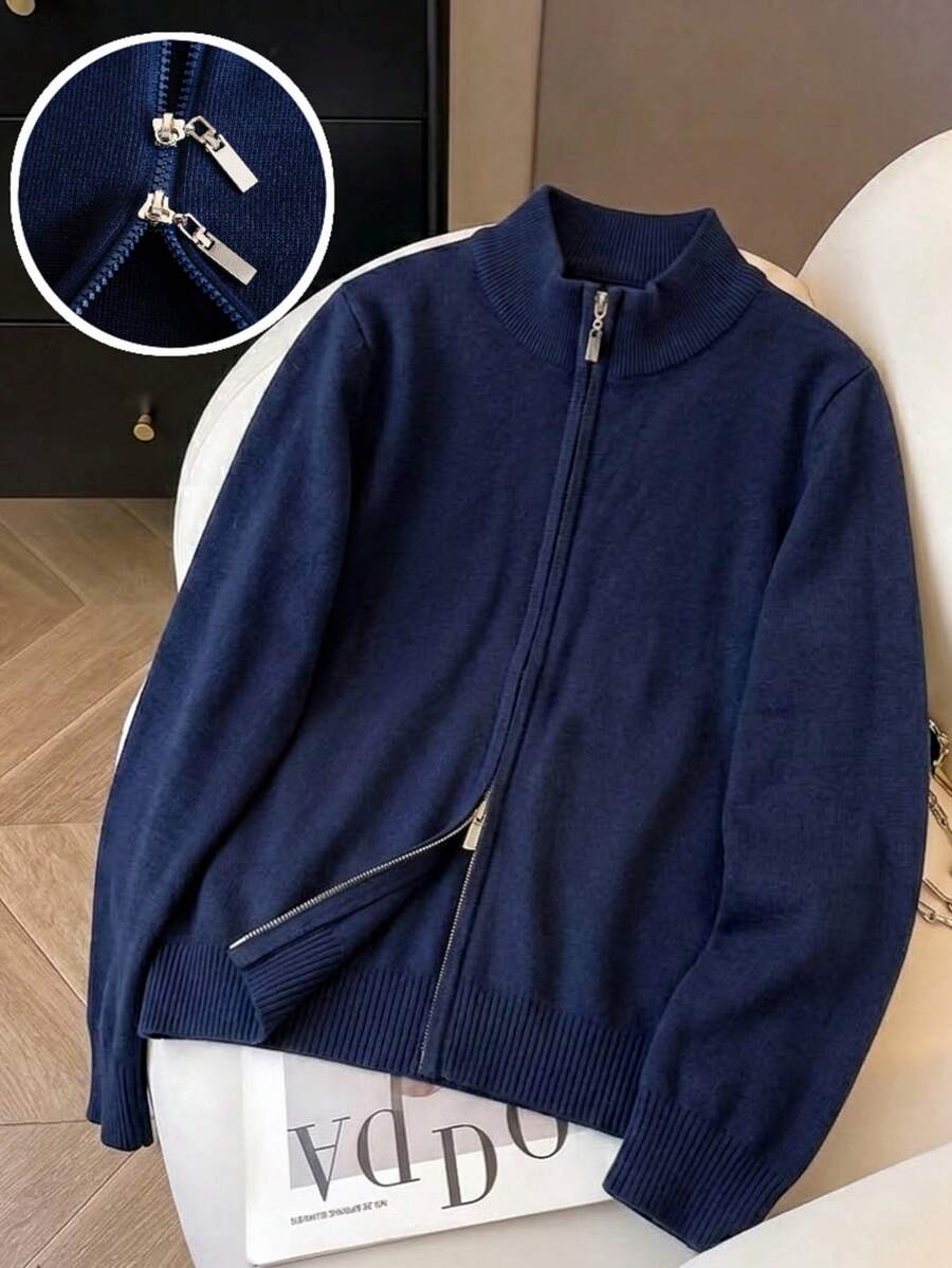 Girls' European & American Style Solid Color Zip-Up Knit Cardigan Sweater, Long Sleeve, Suitable For Casual Daily Wear In Spring, Autumn And Winter - Navy Blue - View 1