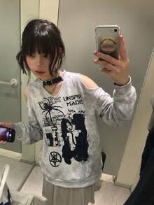 Korean Style Sweet Cool Hot Girl Spider Graffiti Off-Shoulder Long Sleeve Sweatshirt Women Autumn Winter Design Loose Slimming Top - Light Grey - View 5