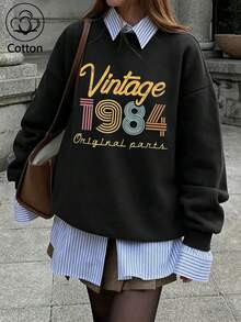 Women Cotton Crew Neck Loose Sweatshirt For Autumn Vintage 1984 Original Parts Print Long Sleeve Black Casual Street Sport Style - Black - View 1