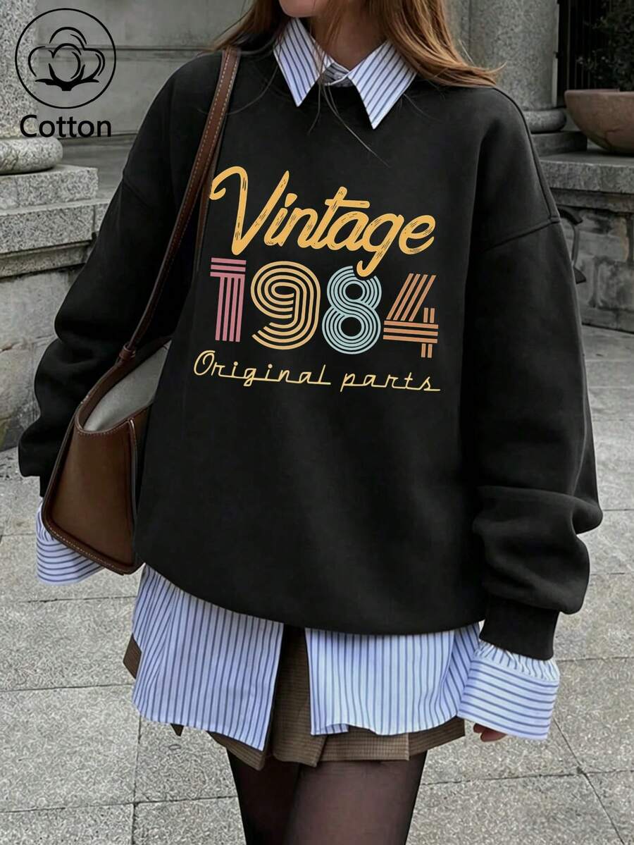 Women Cotton Crew Neck Loose Sweatshirt For Autumn Vintage 1984 Original Parts Print Long Sleeve Black Casual Street Sport Style - Black - View 1