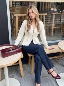 Autumn Cream V Neck Knit Cardigan For Women Frog Button Peplum Hem Long Sleeve Fuzzy Soft Knit Tops Casual Fall Daily Outfits - White - View 4