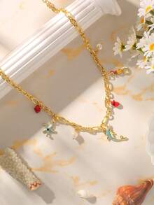 Nooxian 1pc Vintage Gold Chain Ocean Style Multi-Pendant Necklace For Women, Dolphin, Starfish, Seahorse Enamel Colorful Niche Design Collarbone Chain - Yellow Gold - View 4