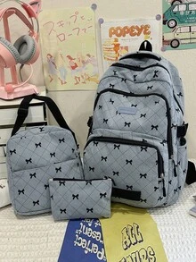 3Pcs Bow Print Corduroy Backpack Set, Large Capacity Student School Backpack With Crossbody Bag & Pencil Pouch For Teen - Multicolor - View 4
