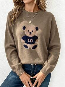 Women's New Round Neck Long Sleeve Sweater, Cute Bear Print, Fashion Casual Knit Style, Suitable For Daily Commute - Earth Gray - View 6
