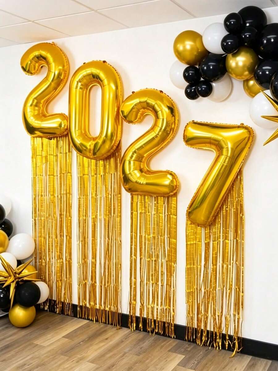 4pcs 32 Inch 2027 Number Foil Balloons, Aluminum Number Balloon Set, Suitable For Wedding, Thanksgiving, Halloween, Christmas, New Year, Birthday Party Decoration - Gold 32-inch 2027 4-piece Set - View 1