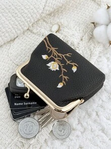 時尚花卉刺繡外觀,多功能且緊湊設計,附夾式開關,便攜式零錢包與卡包 - 黑色 - 查看 6