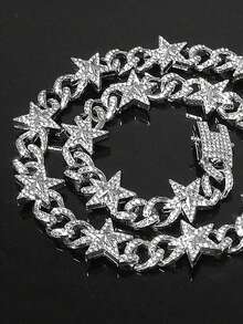 CVNANA 1 Pieza Conjunto De Pulsera Y Collar En Forma De Estrella De Diseño De Moda Hip Hop Europeo Y Americano, Incrustado Con Diamantes De Imitación, Accesorio De Estilo Callejero - Plateado - Ver 12