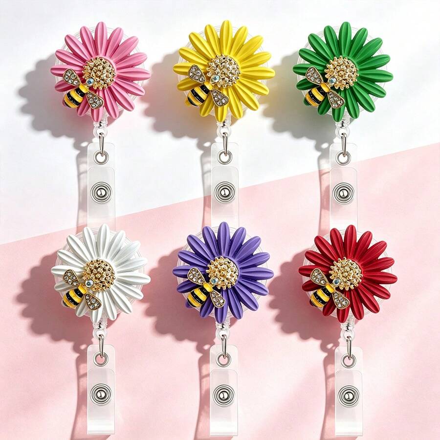 Daisy Alloy Rhinestone Bee Flower Retractable Badge Reel, ID Card Holder, Daisy 5-Petal Retractable Easy Lock ID Lanyard, With 360° Rotating Crocodile Clip Badge Reel And Retractable Nurse Badge Reel, Glitter Decoration - Bee Daisy - View 1