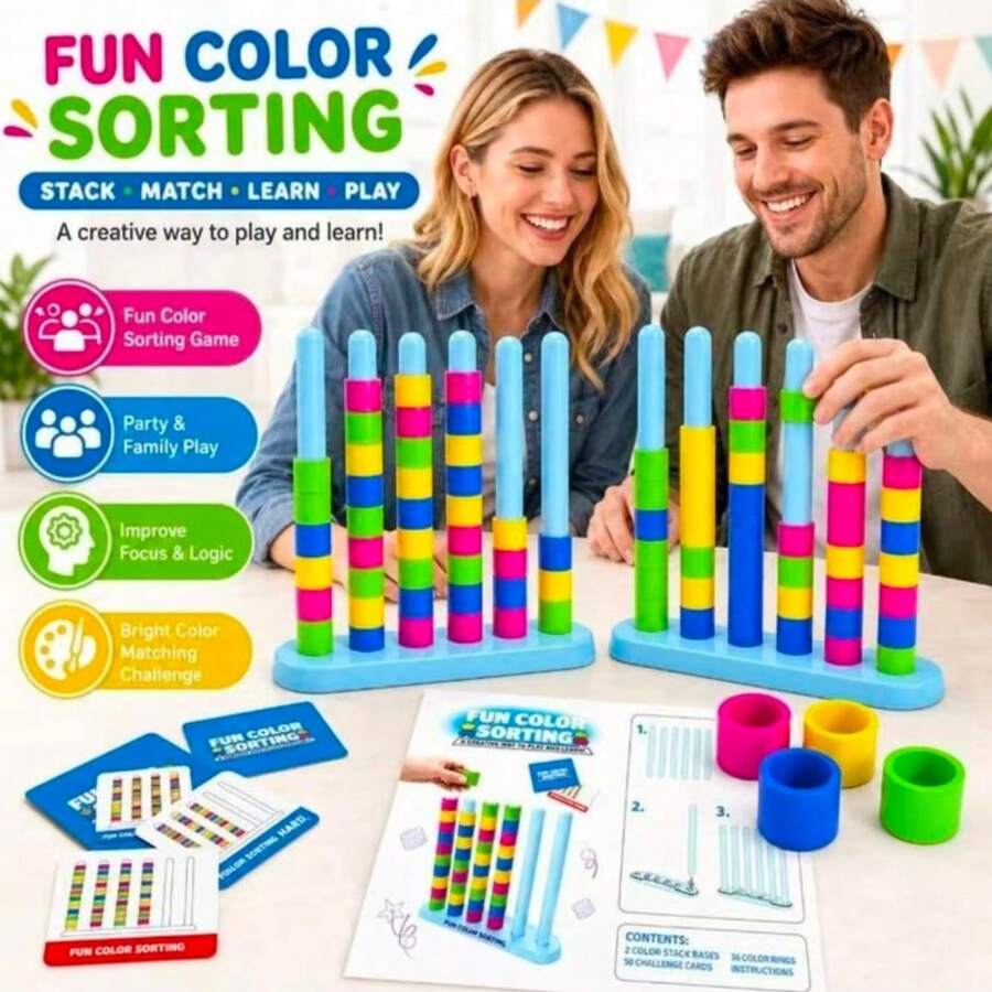 1 pieza Juego de apilamiento de emparejamiento de colores divertido, emparejamiento rápido de patrones redondos, añade alegría a la noche de juegos familiar en varias festividades, incluye 1 estante de apilamiento, 50 tarjetas de desafío y 80 anillos de colores - Multicolor - Ver 1