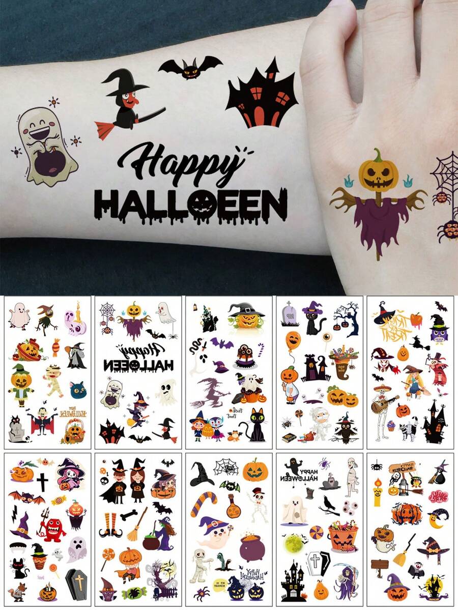 10 Sheets, With 130pcs Halloween Element Pattern Temporary Tattoos, Pumpkin Ghost Witch Vampire Bat Skull Patterns, Easy To Use, Waterproof And Realistic, Very Suitable For Party Makeup - Multicolor - View 1