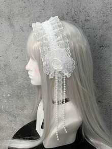 1件白色蕾絲髮夾髮箍 附粉色蝴蝶結緞帶 蘿莉塔側夾 女款時尚 Cosplay 髮飾 - 米色 - 查看 4