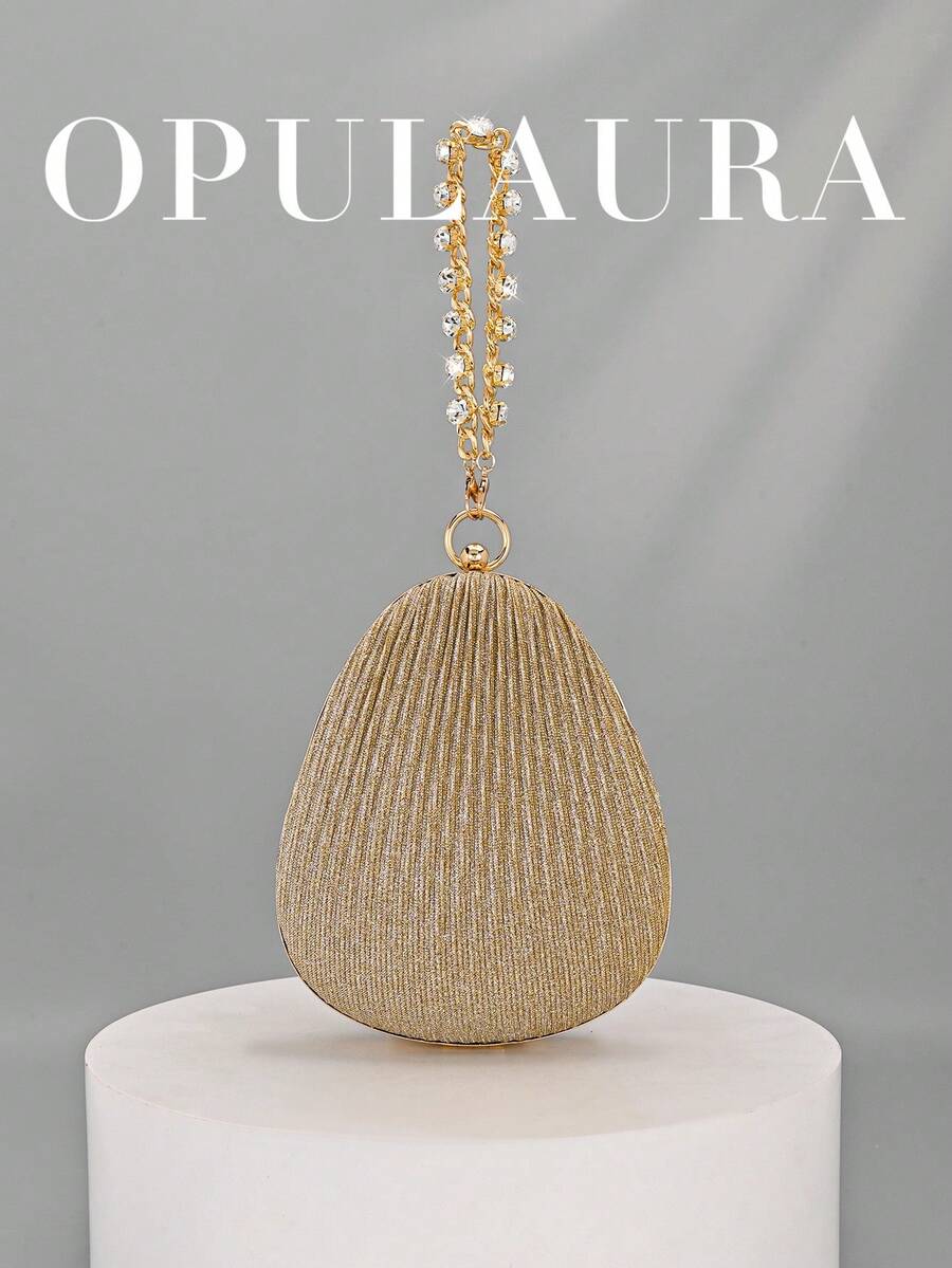 OpulAura 金色亮片布艺女士手提包，饰有精致迷人的水钻手链，时尚不对称盒式手拿包，适合派对、正式场合、舞会、毕业典礼、新娘、聚会、婚礼等场合。 - 金色 - 查看 1