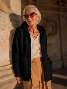 Regular Hooded Drawstring Design Jacket For Middle-Aged And Elderly Women, Ideal Choice For Casual And Formal Occasions In Autumn And Winter - Black - View 5