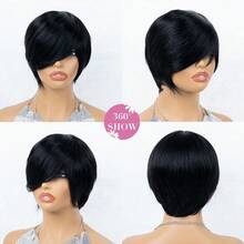 Short Straight Pixie Cut Wig 100% Human Hair Remy Brazilian Hair Women's Elastic Mesh Cap Full Machine Woven Black Ready To Wear Suitable For Vacation, Party, Daily Wear - Natural Black - View 7
