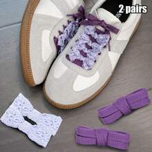 2 Pairs (0.32inch Wide) Solid Color Flat Shoelaces With Soft Hollow Lace Shoelaces Combination, DIY Decoration, Contrast Color - 27 Flat Strap-d624 Purple + Hollow Lace-light Purple - View 9
