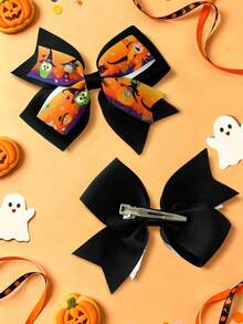 2pcs Halloween Bow Hair Clips For Girls Fashionable Gift Children Girls Hair Bows With Clips For Halloween Gift Festivals Party School - Green - View 5