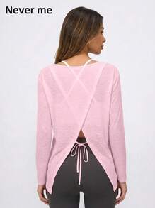 Never me Women's Sports T-Shirt Round Neck Long Sleeve Loose Fit Cover-Up With Back Cross Split Drawstring Yoga Casual Commute Top - Pink - View 3