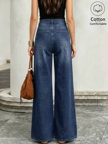 Celana Jeans Wanita Vintage Biru Tua Pudar Pinggang Tinggi Potongan Lebar dengan Efek Sobek, Minimalis Serbaguna Kasual untuk Perjalanan Sehari-hari - Biru - View 2