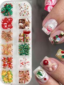 1 Box 12 Styles Cross-Border New Christmas Nail Art Decorations, Cartoon Nail Art Decorations, Christmas Tree, Cute Reindeer, Snowman, Bell, Christmas Tree, Resin Nail Rhinestone Accessories - Multicolor - View 1