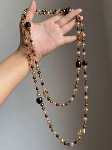 1pc New Bohemian Style Geometric Asymmetrical Round Beads Faux Crystal Multicolor Women's Beaded Necklace, Suitable For Party, Dance, Gathering, Daily Outfit Matching - Multicolor - View 5