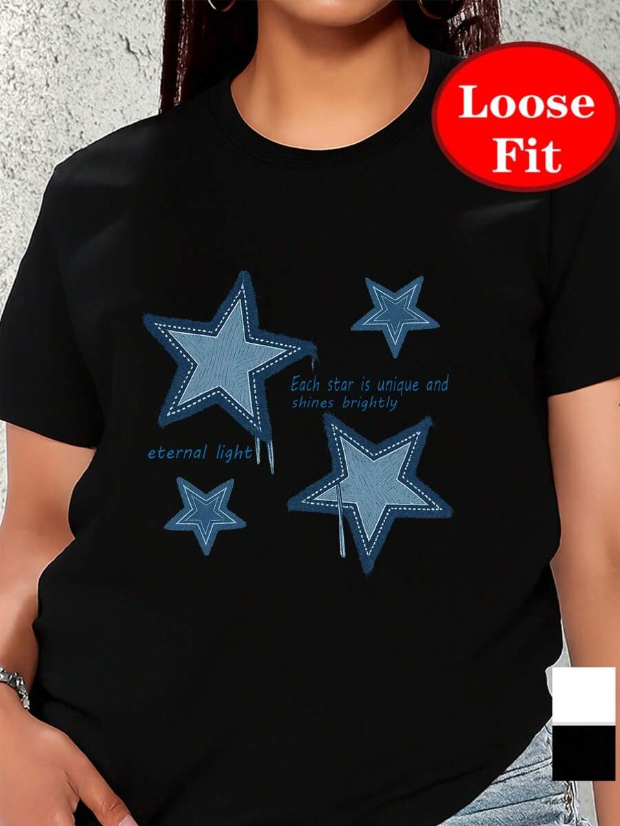 Women's Plus-Size Short-Sleeved Round-Neck T-Shirt - Star Pattern Blouse, -Line Casual Short-Sleeved Summer Top, Round-Neck Blouse - Black - View 1