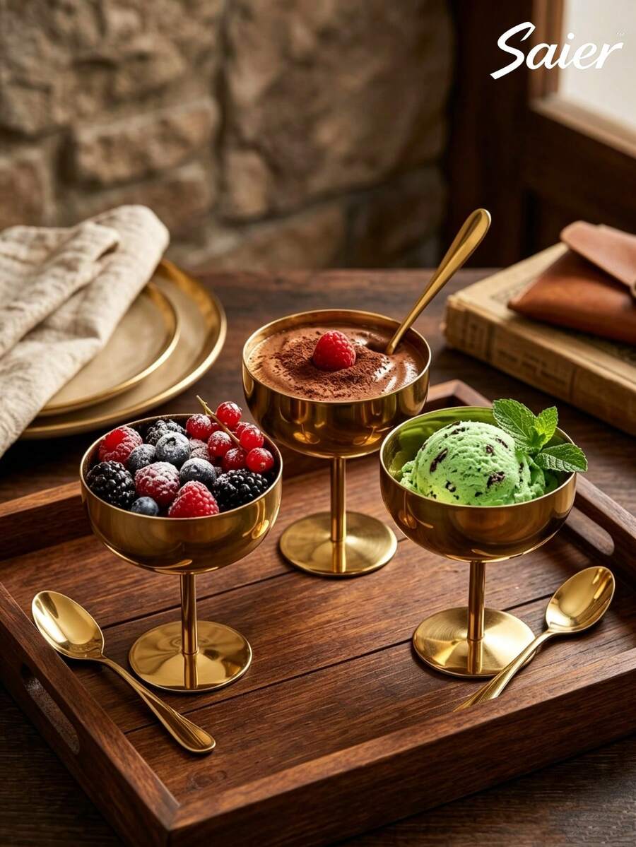 6/4/1pc Stainless Steel Ice Cream Cup, Creative Gold High-Foot Ice Cream Cup, Stackable, Easy To Store And Clean, Suitable For Home, Restaurant, Pudding, Party, Dessert Tableware - Multicolor - View 1
