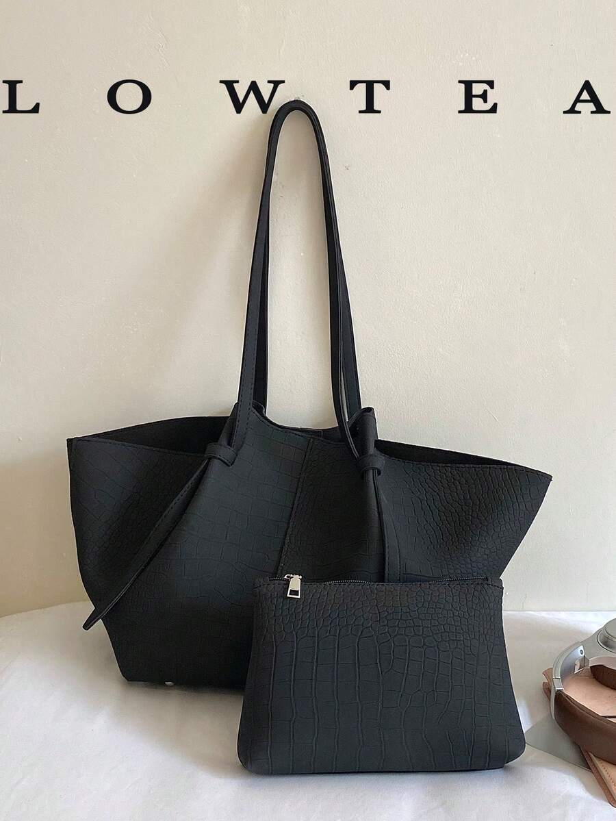Low Tea 2件組純色PU布料女款休閒大容量托特包/後背包，雙手柄設計，磁吸開合，全包石紋質感，適合旅行、購物、約會，女性禮物，適用於青少年女孩、大學生、職場新人與白領上班族，完美適配辦公室、校園、工作、商務、通勤、戶外、旅行、出遊