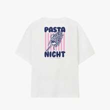 White Pasta Night T-Shirt With Retro Fork Graphic And Blue Lettering Vintage Italian Dinner Inspired Design Unisex Streetwear Top - White - View 3