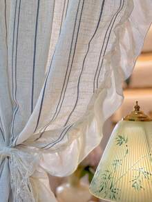 1 buah Tirai Tipis Bergaris Vertikal Biru Gaya Vintage Prancis, Tirai Jendela Gaya Wabi-Sabi Jepang untuk Ruang Tamu, Ruang Teh, Tirai Pembatas Linen dengan Tepi Renda Bergelombang, Tirai Jendela Kecil, Tirai Setengah Dekorasi Pembatas Balkon - 1PC - View 2