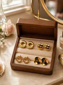Women's Gold Stainless Steel Earring Set, Geometric Hoop Earrings And Studs, Vintage Personalized Jewelry, Suitable For Daily Wear And Parties - Gold - View 6
