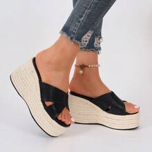 Sandal Selop Wanita Bertumit Wedges Platform Modis Serbaguna, Sandal Anyaman Jerami Elegan - Hitam - View 2
