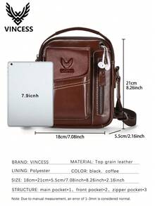 VINCESS 男士牛皮皮革斜挎包，男士真皮斜挎包，極簡休閒單肩包，附可調節式肩帶，柔軟皮革手機收納包，平板電腦單肩包，適合日常通勤與旅行，適合作為男士節日禮物 - 咖啡棕 - 查看 7