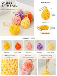 1pc Honeycomb Bath Sponge, Cheese Bath Ball, Skin-Friendly Comfortable, Non-Disintegrating Soft Sponge, Foaming Bath Ball, Expands When Wet, With Hook For Convenient Storage, Bathroom, Bathroom Accessories, Shower Essentials, House Essentials, Bath Sponge - Multicolor - View 5