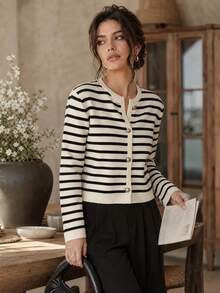Women's Autumn Elegant Striped Round Neck Knit Cardigan, Versatile Fashion Casual Sweater, Commuter Vintage Jacket - Black and White - View 7