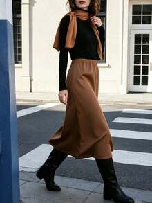 Caramel Brown Elastic Waist Draped Straight Long Skirt, Autumn/Winter Commute Slimming Versatile High Waist Skirt - Mocha Brown - View 2