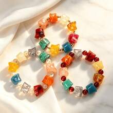 1pc Bohemian Style Macaron Colorful Random Color Transparent Resin Cat Eye Stone Bracelet And Set, Suitable For Vacation, Party, Gift, Wedding And Daily Wear - Red, White, and Gold 3-piece Bracelet Set - View 4